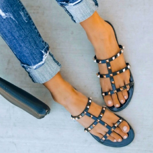 NWT | Black Gold Studded Flat Sandals - Picture 2 of 4